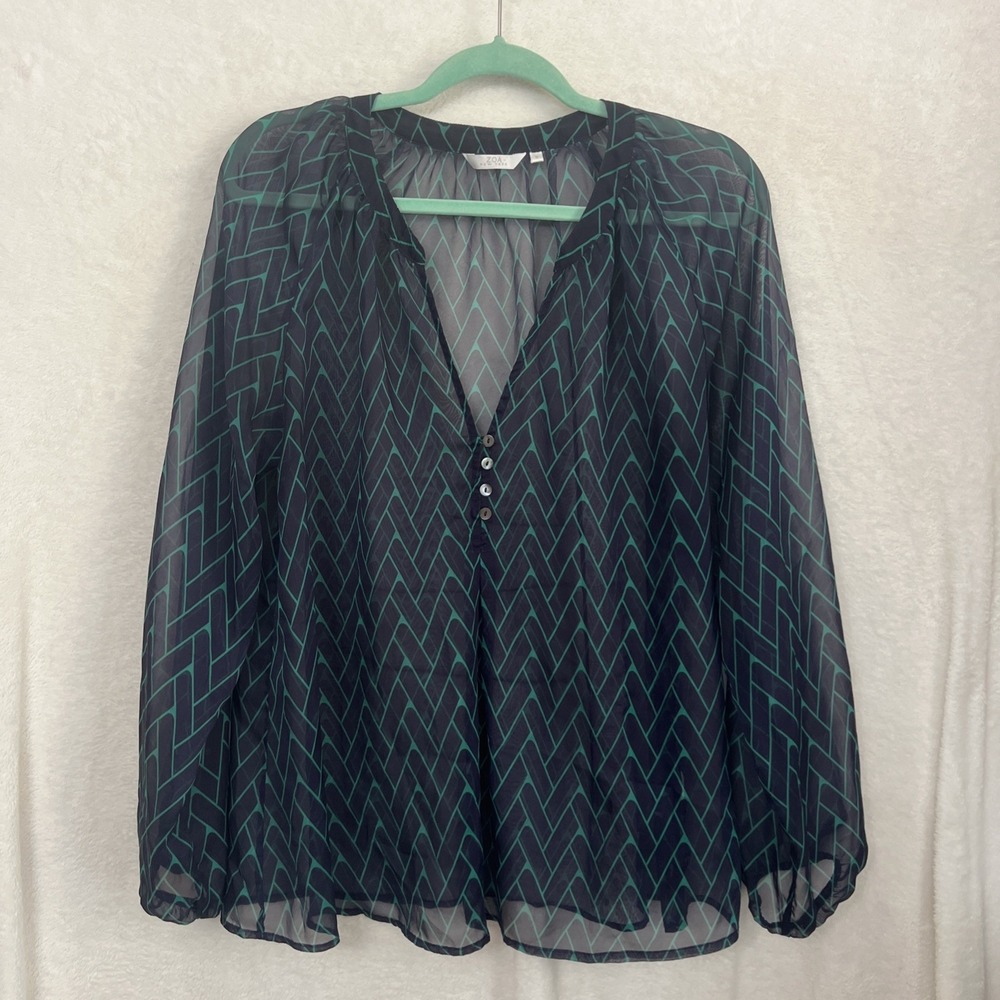 Zoa New York Women's Blue Green Zig-Zag Print Sheer Blouse Size S